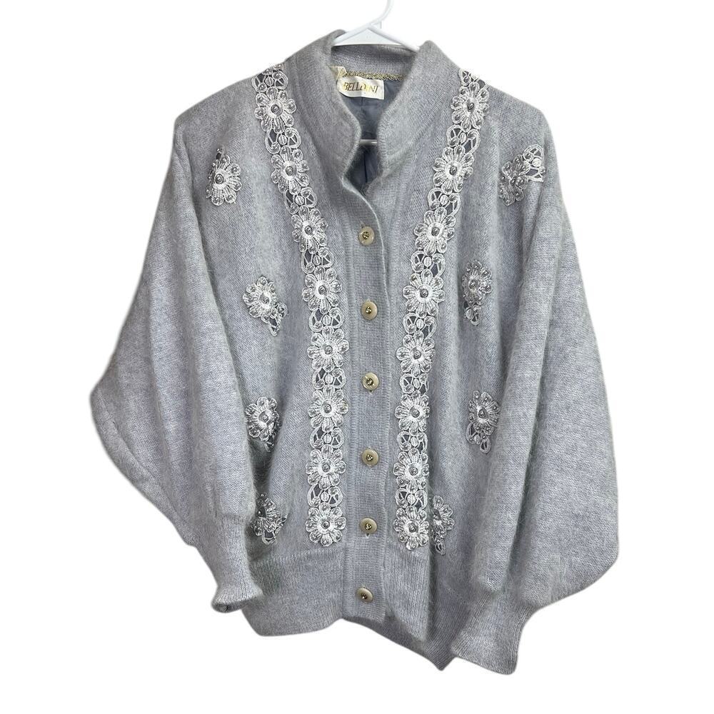 Beldini Vintage Gray Angora Beaded Sweater Cardigan Medium